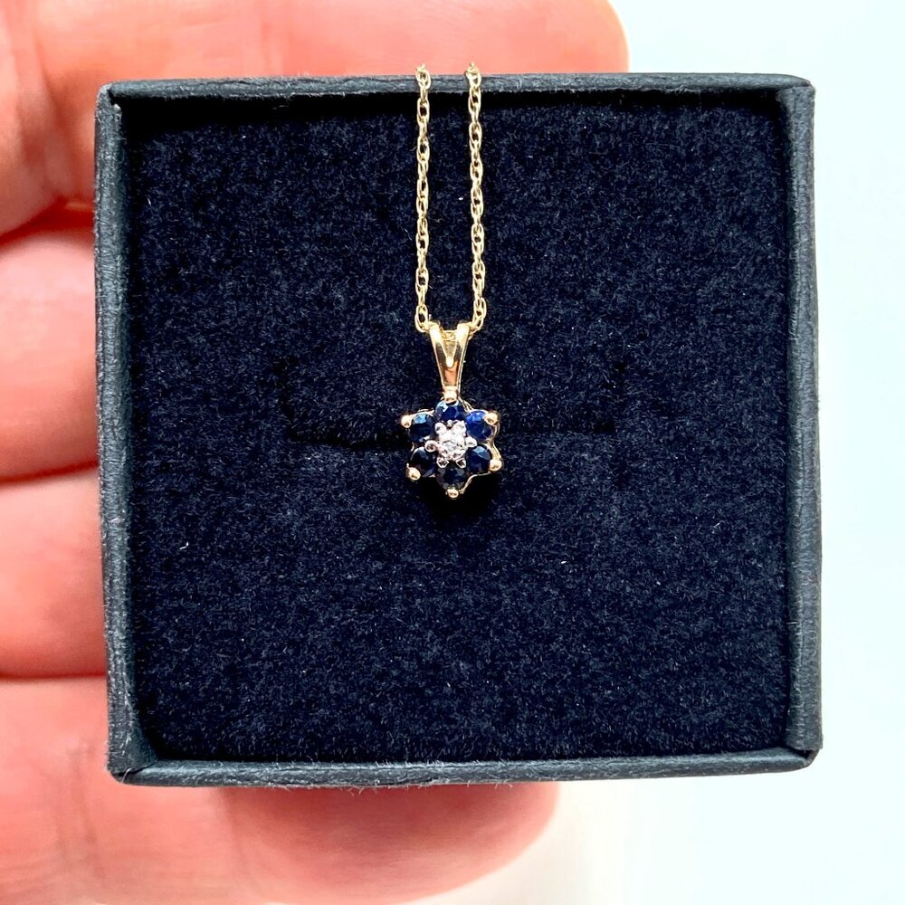 10k Solid Yellow Gold Genuine Sapphire & Diamond Flower Necklace (19 inch)